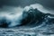 A massive wave rises and crashes in the middle of the expansive ocean, displaying its power and force, Giant ocean waves churned