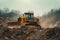 A massive yellow bulldozer powerfully advances through a vast dirt field, shaping the terrain to its will, An autonomous bulldozer