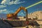 A massive yellow excavator dominates the construction site, ready for heavy-duty earth-moving tasks, A detailed depiction of a