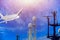 Mast and antenna of ship tugboat with Radar on blue sky background.