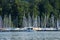 Mast and sailboat and runabouts in Lake Lucerne in Switzerland with a background of a forest in the day time.