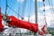 Mast, sails and shroud of a tall ship. Rigging detail.