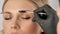Master applies brow paste with a brush to eyebrows. Beautiful attractive female face of a blonde well-groomed woman or lady.