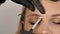 Master applies brow paste with a brush to eyebrows. Beautiful attractive female face of a blonde well-groomed woman or lady.