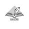 Master lawyer company logotype. Open book with feather pen