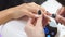 Master of manicure makes a manicure on the nails of a woman. Close-up of beautiful female hands applying transparent