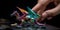 Master origami artist folds a tiny, intricate dragon from a single sheet of iridescent paper, showcasing an ancient art