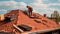 The master repairs the roof tiles of the house. Roofing, repair and renovation work. Generative AI