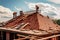 The master repairs the roof tiles of the house. Roofing, repair and renovation work. Generative AI