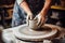 master is working on a potter\\\'s wheel, in an apron, in the style of muted, earthy tones, neural network generated