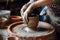master is working on a potter\\\'s wheel, in an apron, in the style of muted, earthy tones, neural network generated