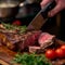 Masterful cut Chef skillfully slices through a substantial beef piece