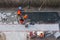 The masters lays paving stones. Sidewalk Repair. Aerial View