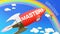 Mastery lead to achieving success in business and life. Cartoon rocket labeled with text Mastery, flying high in the blue sky to