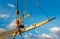 Masts and rigging of an old wooden sailboat. Details deck of the ship