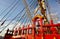 Masts and rigging of an old wooden sailboat. Details deck of the ship