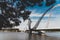 The Matagarup Bridge over the Swan River in Perth city CBD and the Optus Stadium in the distance