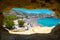 Matala beach with caves on the rocks, Crete, Greece.