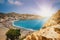 Matala beach and caves on the rocks, Crete, Greece
