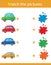 Match by color. Puzzle for kids. Matching game, education game for children. Cars. What color are the objects? Worksheet for