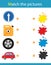 Match by color. Puzzle for kids. Matching game, education game for children. Cars. What color are the objects? Worksheet for