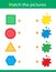 Match by color. Puzzle for kids. Matching game, education game for children. Geometric shapes. What color are the objects