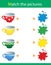 Match by color. Puzzle for kids. Matching game, education game for children. What color are the cups?  Worksheet for preschoolers