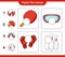 Match the halves. Match halves of Bowling Pin, Goggle, Ping Pong Racket, and Goalkeeper Gloves. Educational children game,