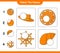 Match the halves. Match halves of Summer Hat, Orange, Ship Steering Wheel, and Sea Shells. Educational children game