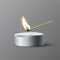 Match igniting tea candle wick. Wooden match burning, grey round candle with wax. Abstract realistic vector illustration