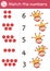 Match the numbers game with buffoon and bells on hat. Fairytale math activity for preschool children. Magic kingdom educational