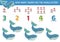 Match the numbers under the sea game with whale eating squid. Ocean life math activity for preschool kids. Marine educational
