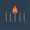 Match set with one burning orange fire light. Flat design style.