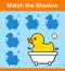 Match the shadow to a little duck in a bathtub