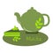 Match. A teapot with green tea and a piece of matcha pie. Tea time. Cooking ingredients, baking and tea. Vector