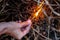 a match in a womans hand sets fire to dry grass and branches