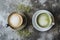 Matcha and Coffee Cups on Gray Surface
