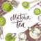 Matcha green tea banner. Japanese tea ceremony, top view vector sketch illustration on watercolor splashes background