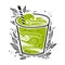 Matcha green tea cocktail, drink, smoothie in transparent glass. Cup with straw. Hand-drawn vector. Decoration with