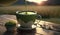 Matcha green tea in cup on wooden table with finely ground powders and flowers in spring season, calm and relax tea, hot beverage