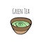 Matcha green tea hand drawn engraving illustration. Healthy drink ingredient for japanese, chinese tea ceremony.