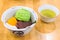 Matcha green tea ice cream and red bean pudding Japanese style dessert.