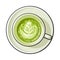 Matcha green tea latte, cappuccino drink, top view