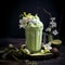 Matcha green tea latte with whipped cream and jasmine flowers