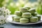 Matcha green tea macaroons on a plate with a branch of whiye flowers over a natural blurred background. Pistachio macarons with