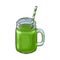 Matcha green tea smoothie in glass jar, mug