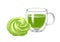 Matcha green tea and sweet cake. Dessert with green tea flavor. Beverage in glass double wall cup. Realistic sketch