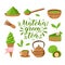 Matcha green tea vector set - matcha powder, latte, mochi, tea pot, bowl, bamboo spoon, whisk, leaves