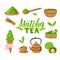 Matcha green tea vector set - matcha powder, latte, mochi, tea pot, bowl, bamboo spoon, whisk, tea leaves. Asian japanese and