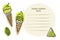 Matcha ice cream Recipe. Ice creme cone, template for recipe, tea leaves, Green powder poured. Recipe card template with